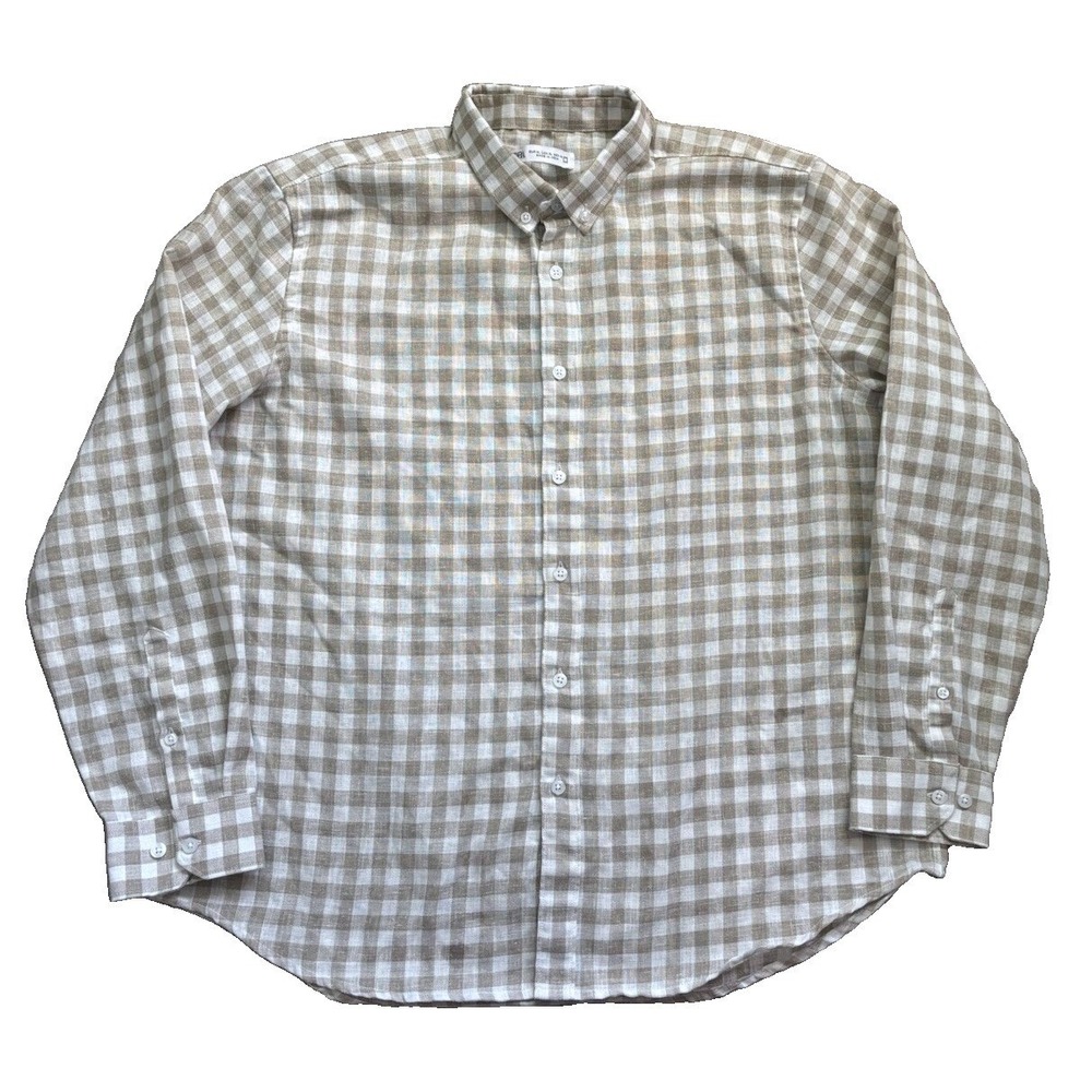 Zara Relax Fit 100% Linen Check Gingham Button Down Shirt Men XL Beige Tan Plaid